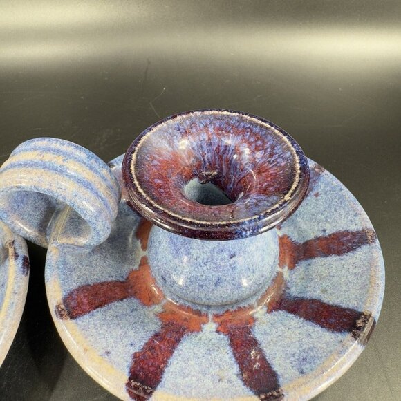 Hand Made Studio Art Pottery Candle Stick Holder Set 2 Multicolor Drop Glaze VTG - Picture 4 of 15